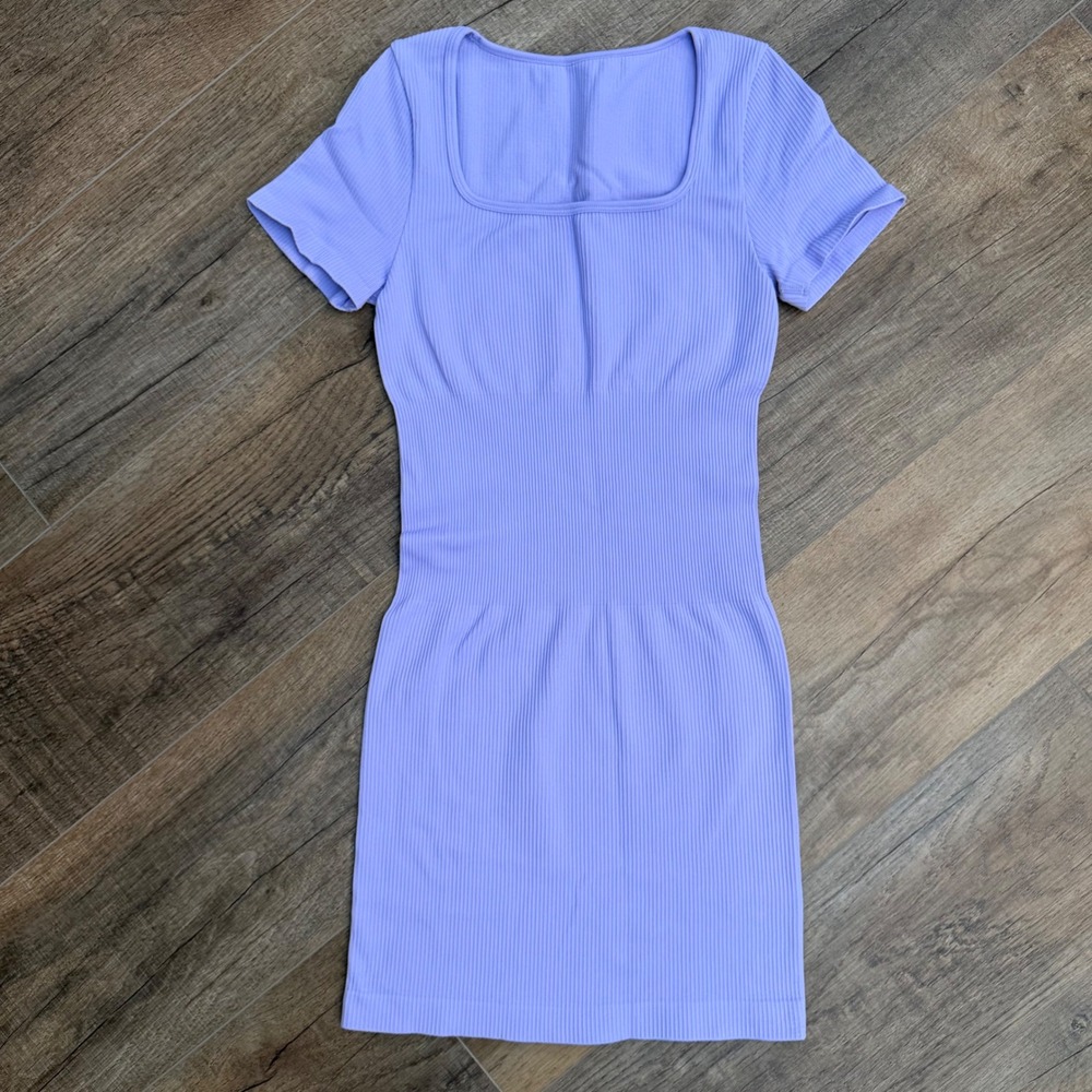 OQQ Womens S Lavender Purple Ribbed Square Neck Short Sleeve Bodycon Mini Dress